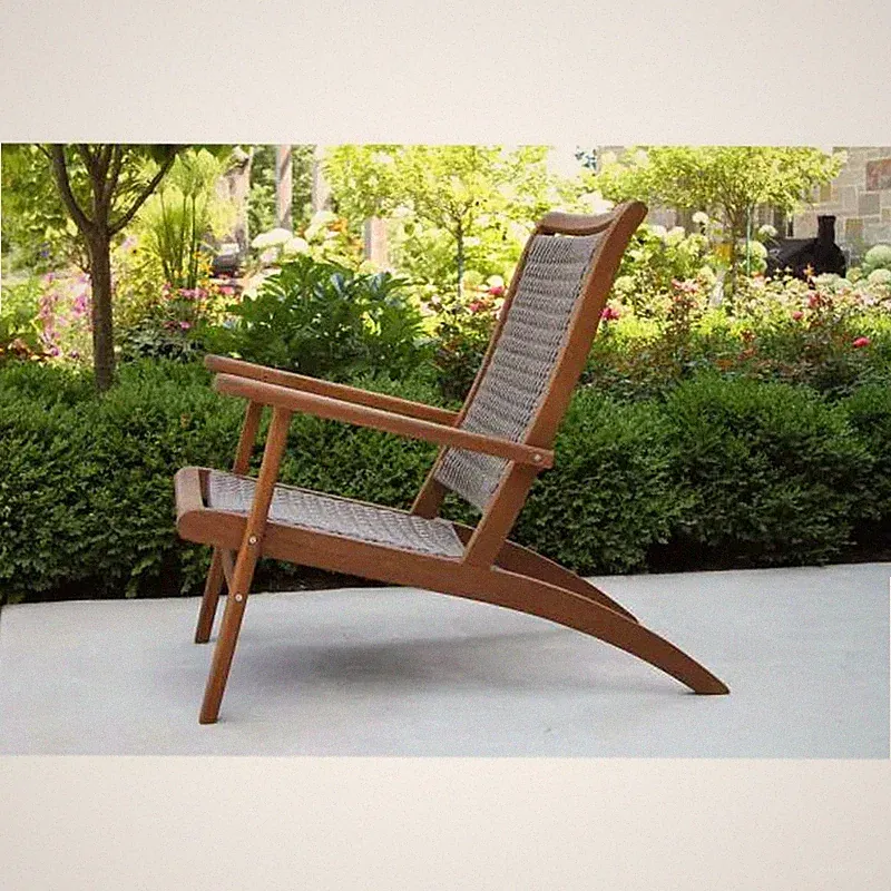 Outdoor Lounge Chair with Grey Wicker Weather Resistant Eucalyptus Wood Brown