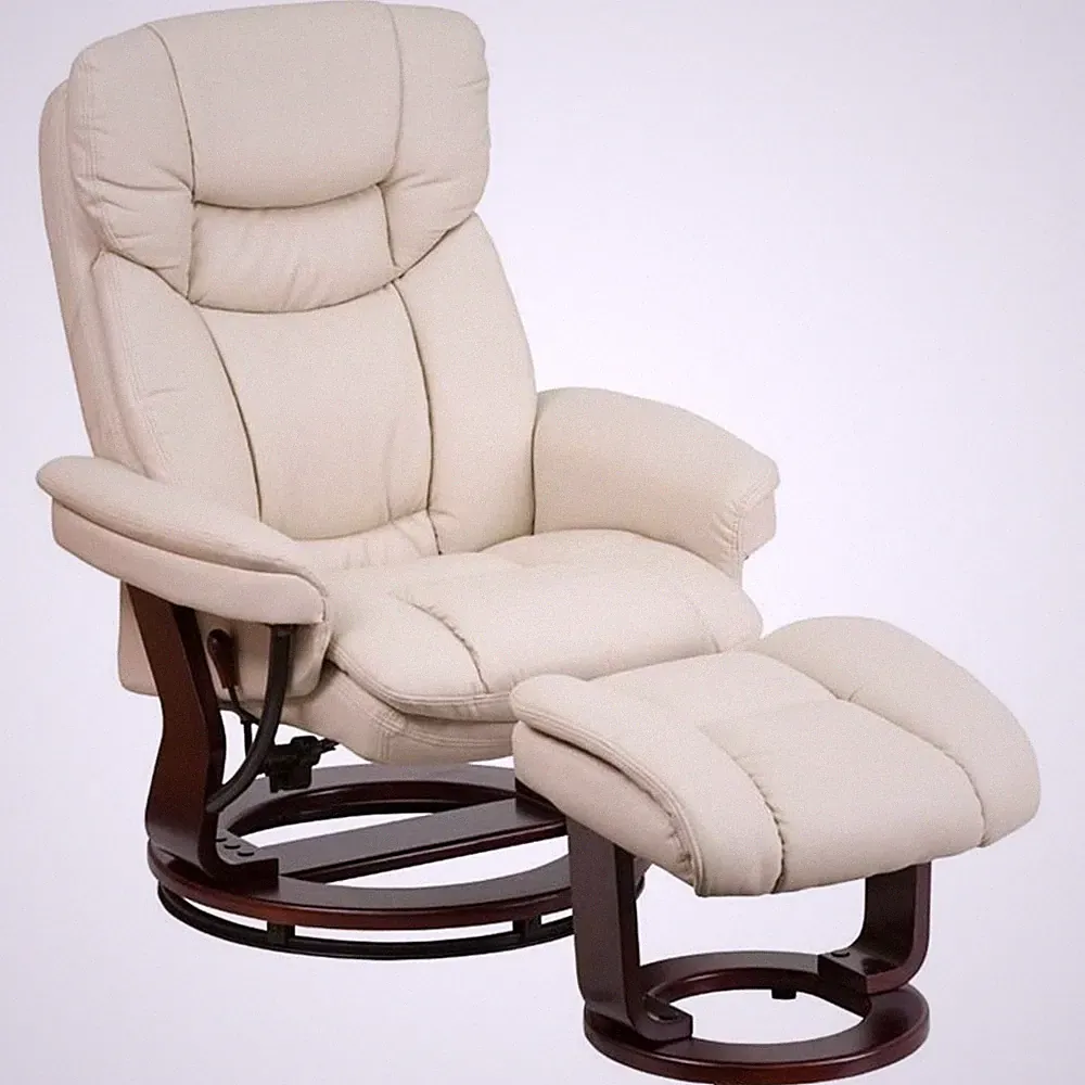 Pemberly Row Leather/Eucalyptus Wood Swivel Recliner and Ottoman in Beige